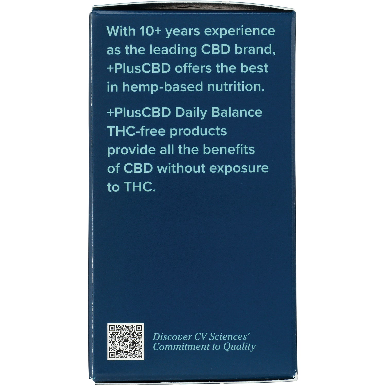 CV048 | side panel text stating PlusCBD Daily Balance THC-free products provide CBD benefits without exposure to THC and a QR code