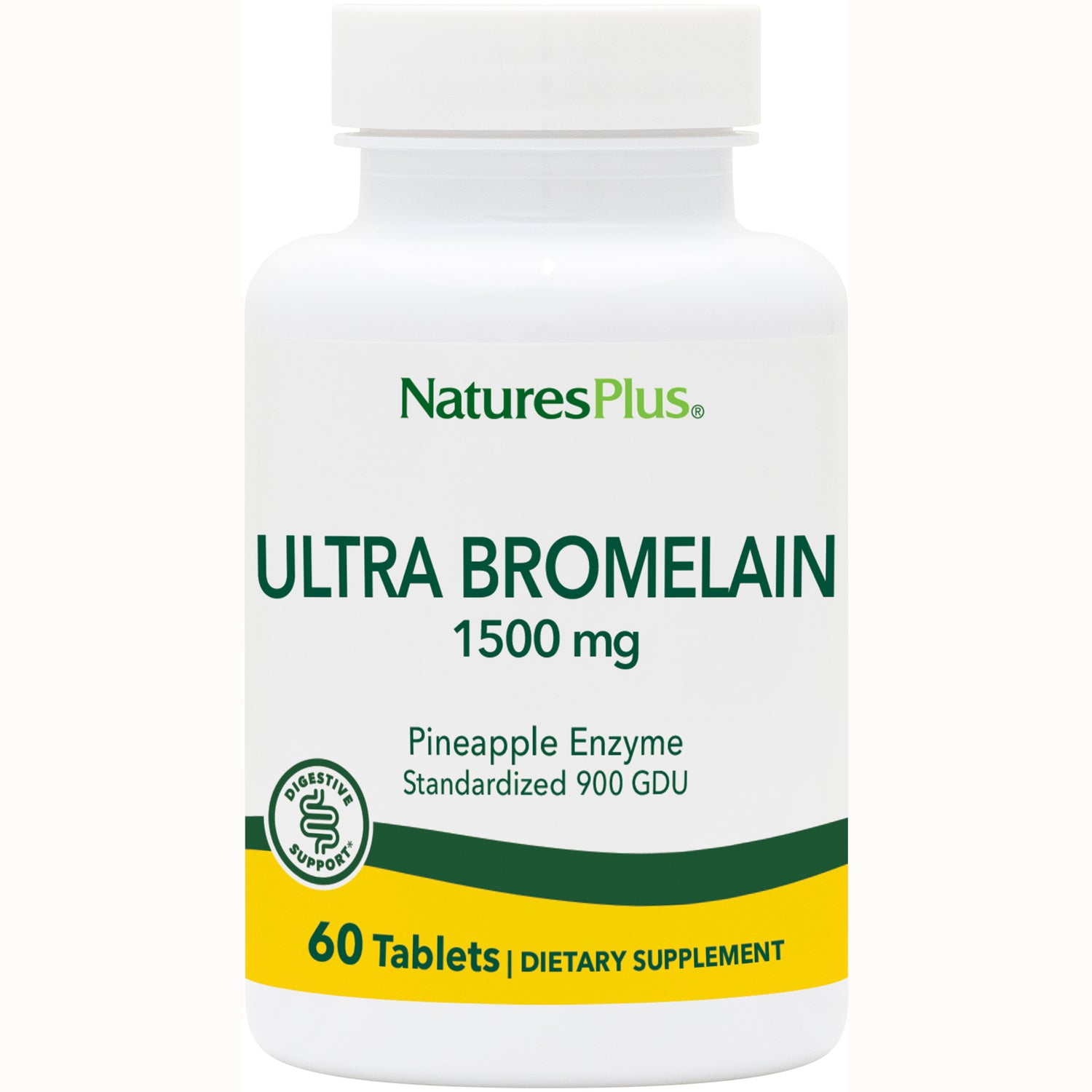 NTP101 | NaturesPlus Ultra Bromelain 1500 mg bottle, pineapple enzyme standardized 900 GDU, 60 tablets dietary supplement