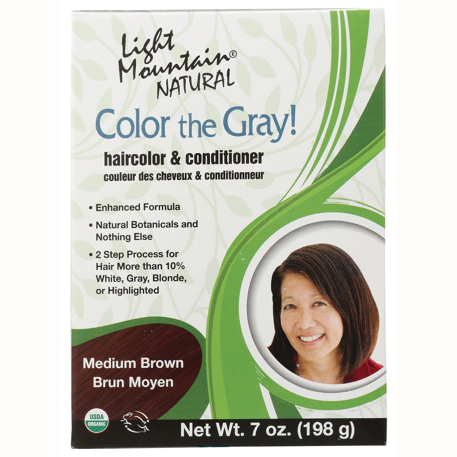 LTM005 | Light Mountain Natural Color the Gray haircolor & conditioner box, Medium Brown, front packaging with smiling woman