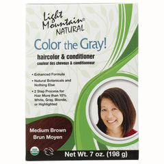 LTM005 | Light Mountain Natural Color the Gray haircolor & conditioner box, Medium Brown, front packaging with smiling woman