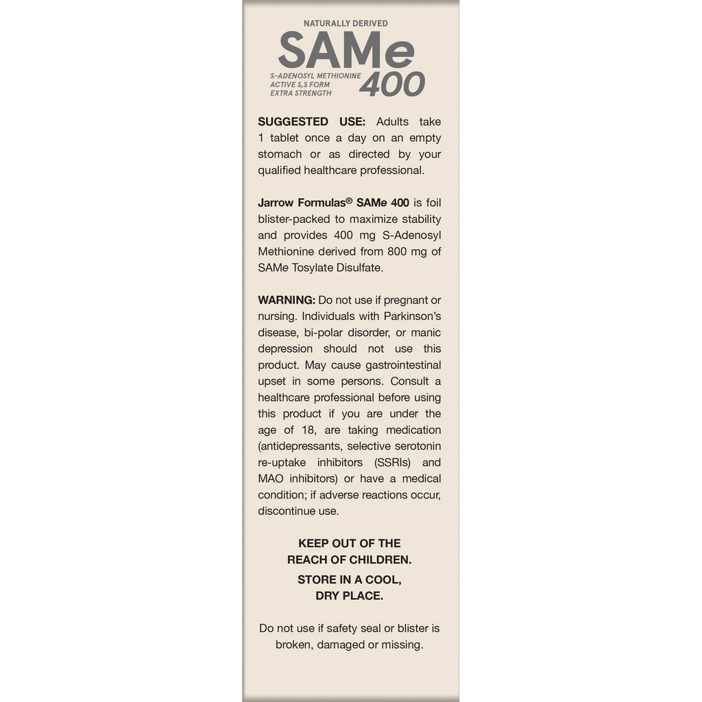 JR041 | Back panel of SAMe 400 supplement box with suggested use, warning, and storage instructions - Thumbnail