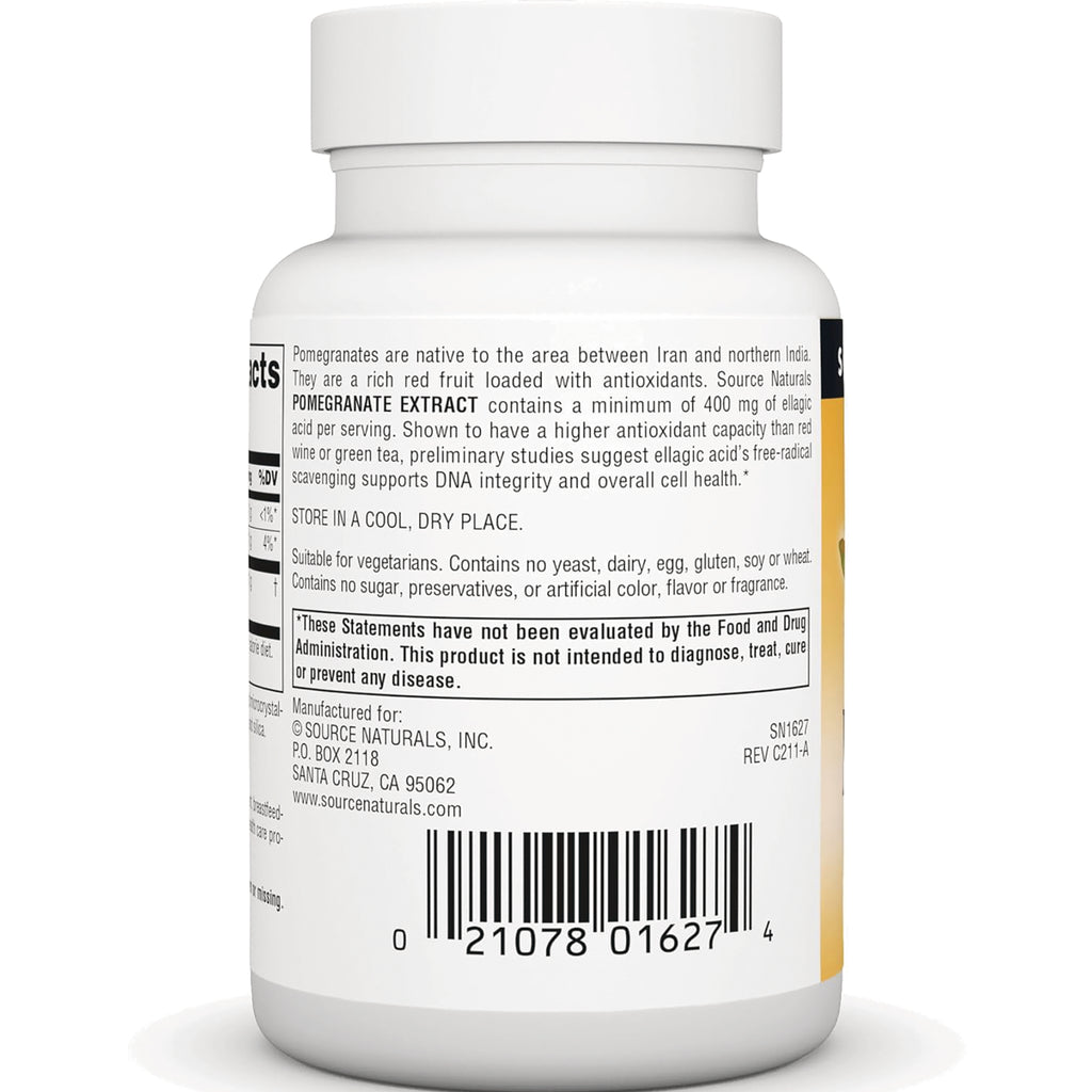 SN599 | Back label of Source Naturals Pomegranate Extract supplement bottle with warnings, storage info, and barcode - Thumbnail