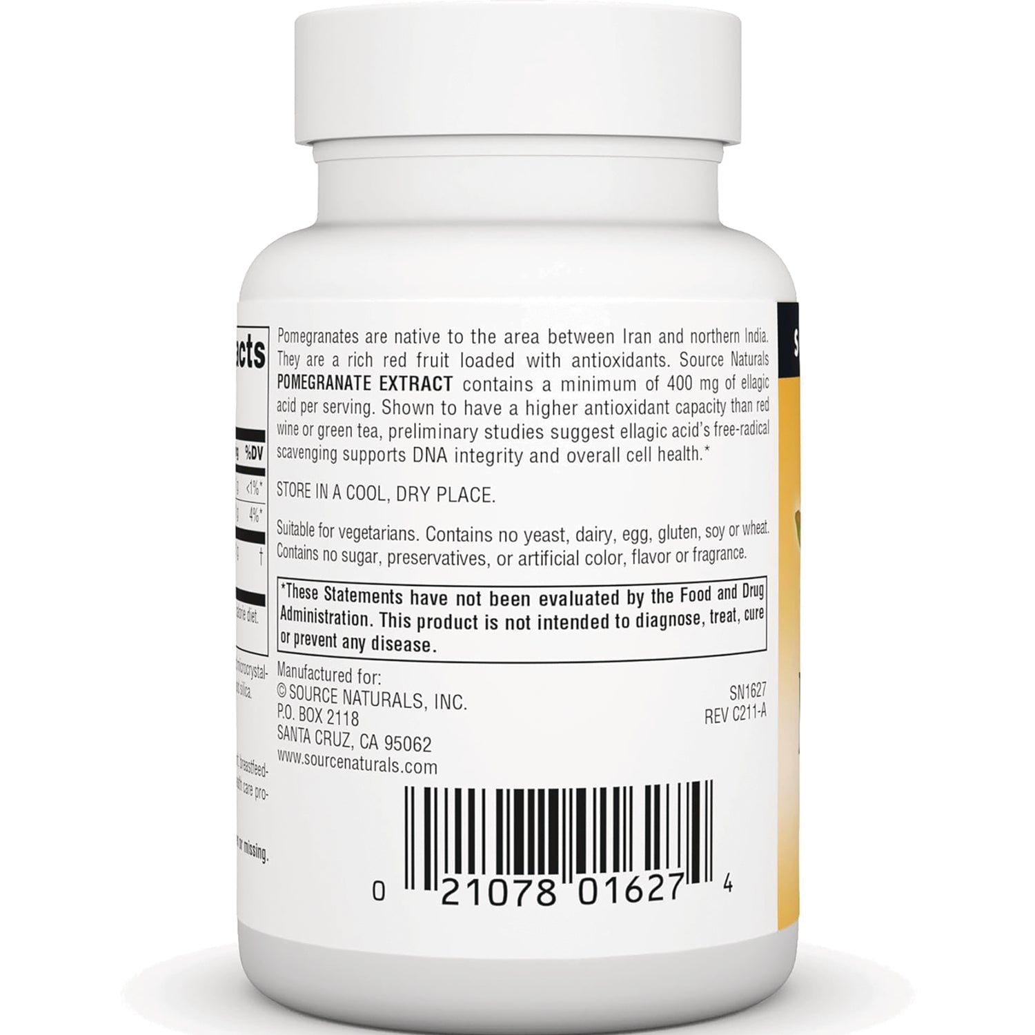 SN599 | Back label of Source Naturals Pomegranate Extract supplement bottle with warnings, storage info, and barcode