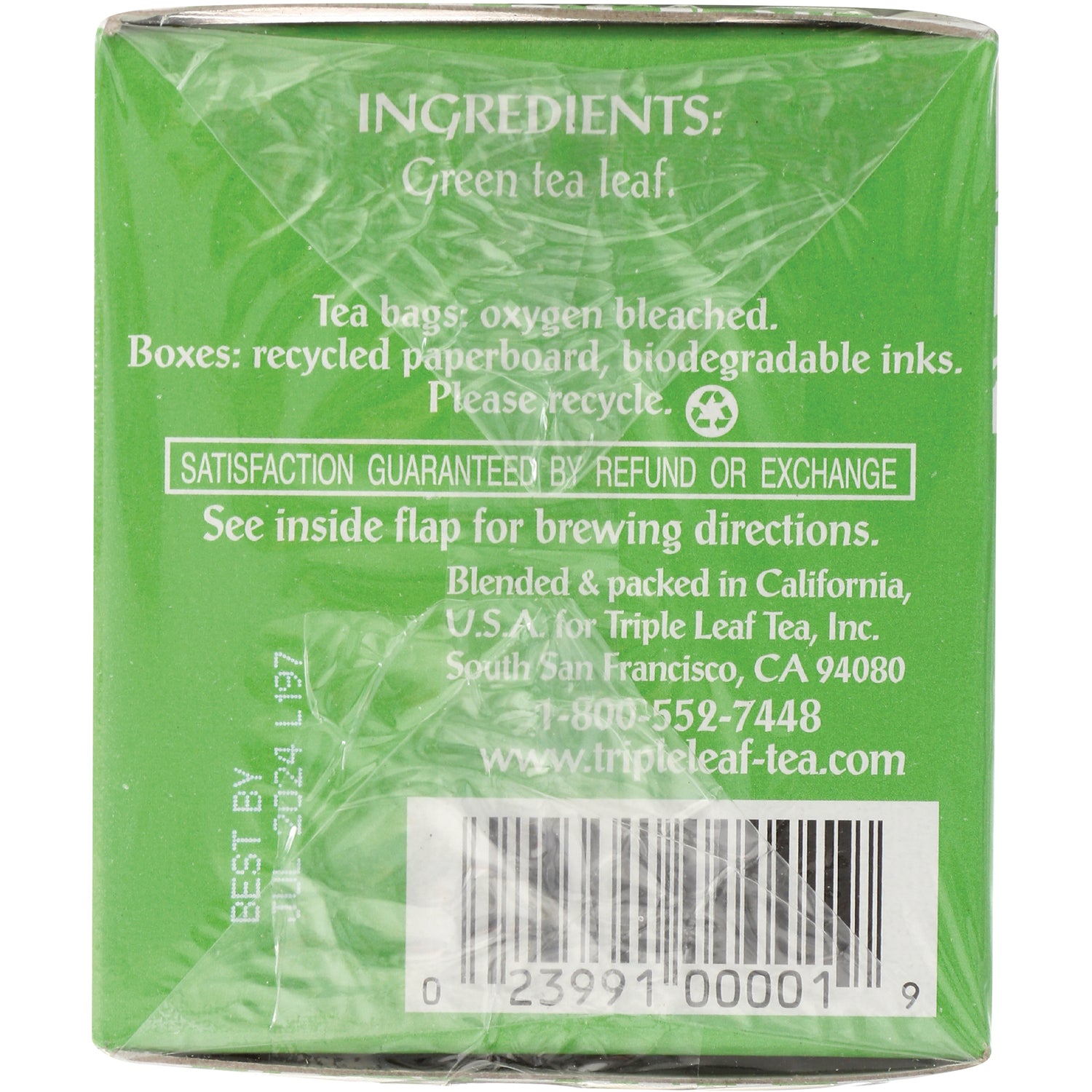 TLT020 | Back of Triple Leaf Tea Green Tea box showing ingredients: Green tea leaf, recycling note, barcode