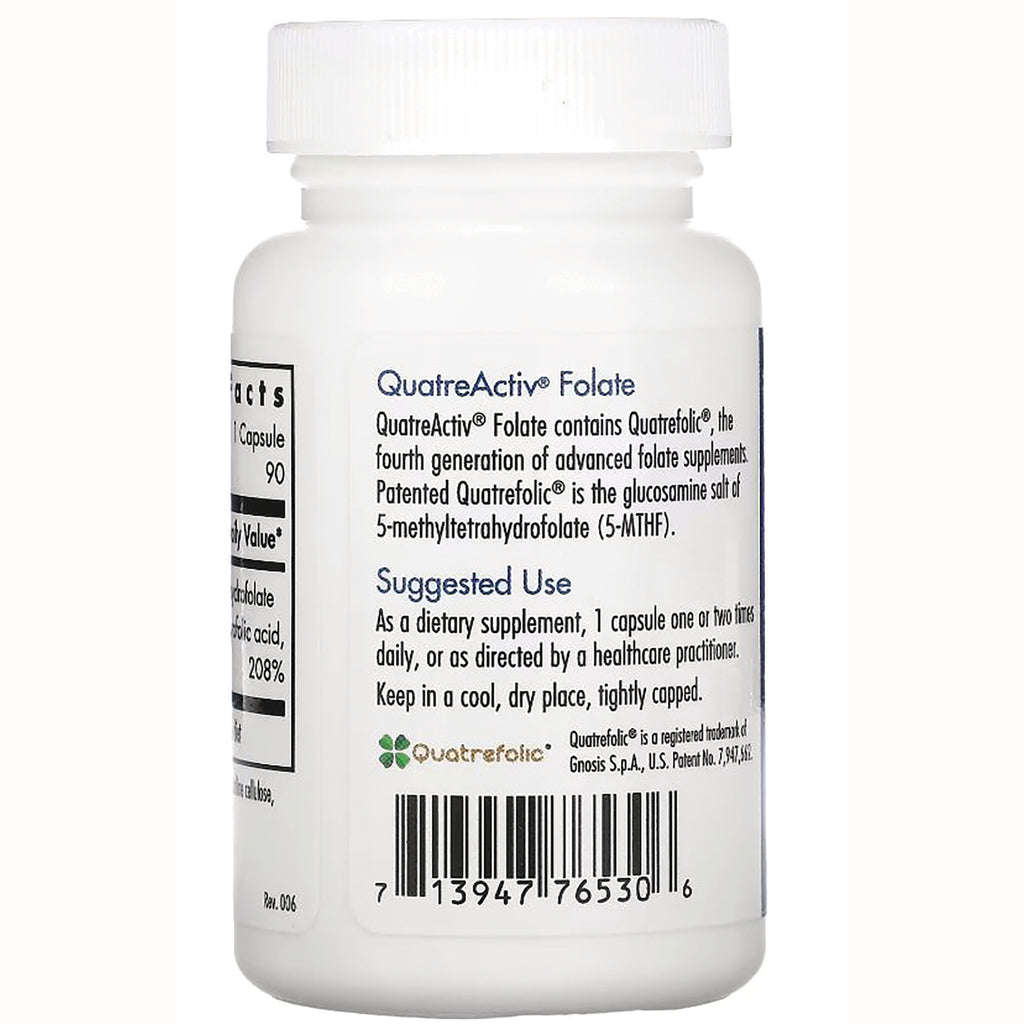 ARG090 | Back of white supplement bottle showing QuatreActiv Folate label, suggested use text and barcode - Thumbnail