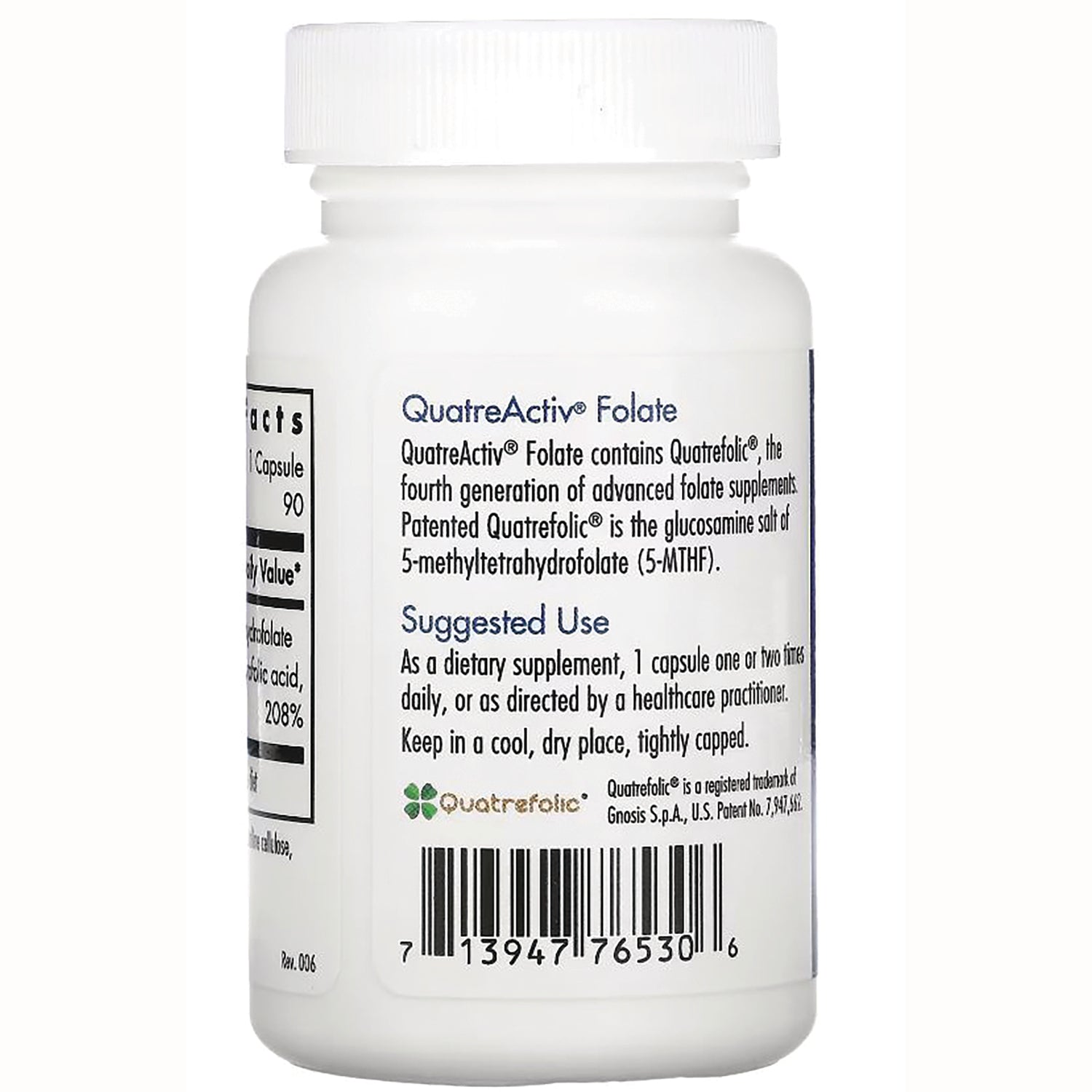 ARG090 | Back of white supplement bottle showing QuatreActiv Folate label, suggested use text and barcode