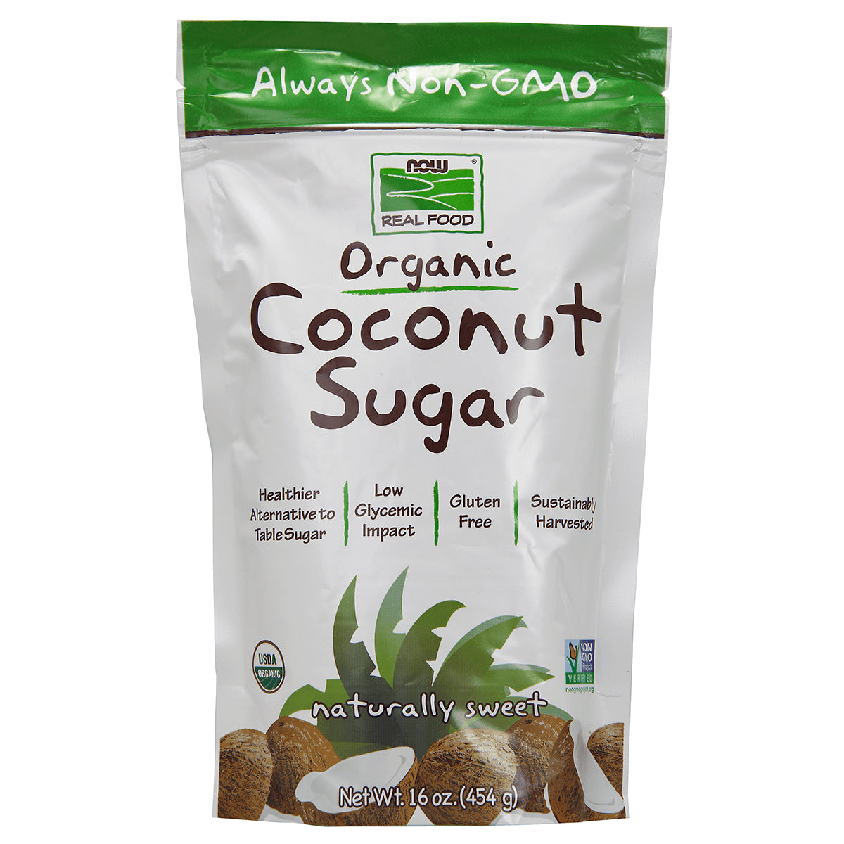 NWF1218 | Front pouch of NOW Real Food Organic Coconut Sugar 16 oz labeled Always Non-GMO and naturally sweet