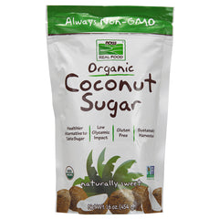 NWF1218 | Front pouch of NOW Real Food Organic Coconut Sugar 16 oz labeled Always Non-GMO and naturally sweet