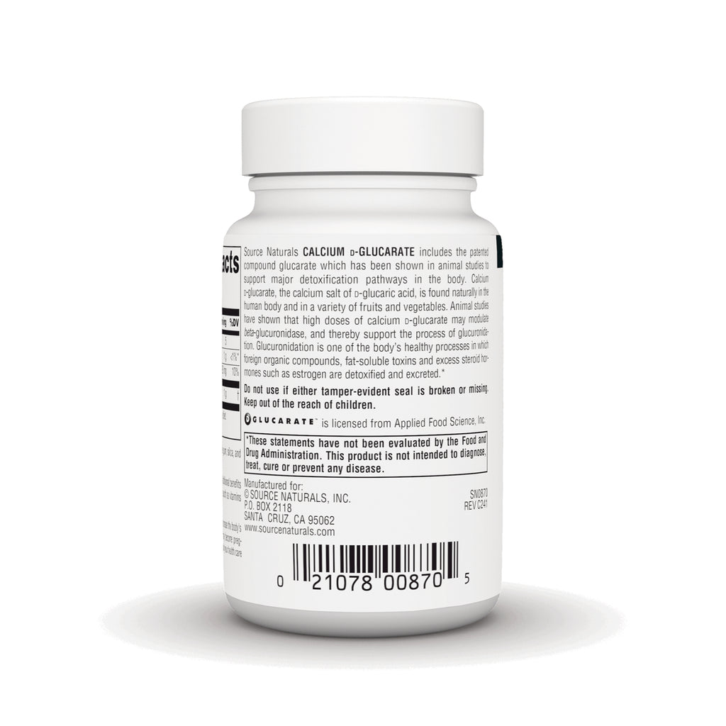 SN332 | Back label of Source Naturals Calcium D-Glucarate supplement bottle with directions and ingredients text - Thumbnail