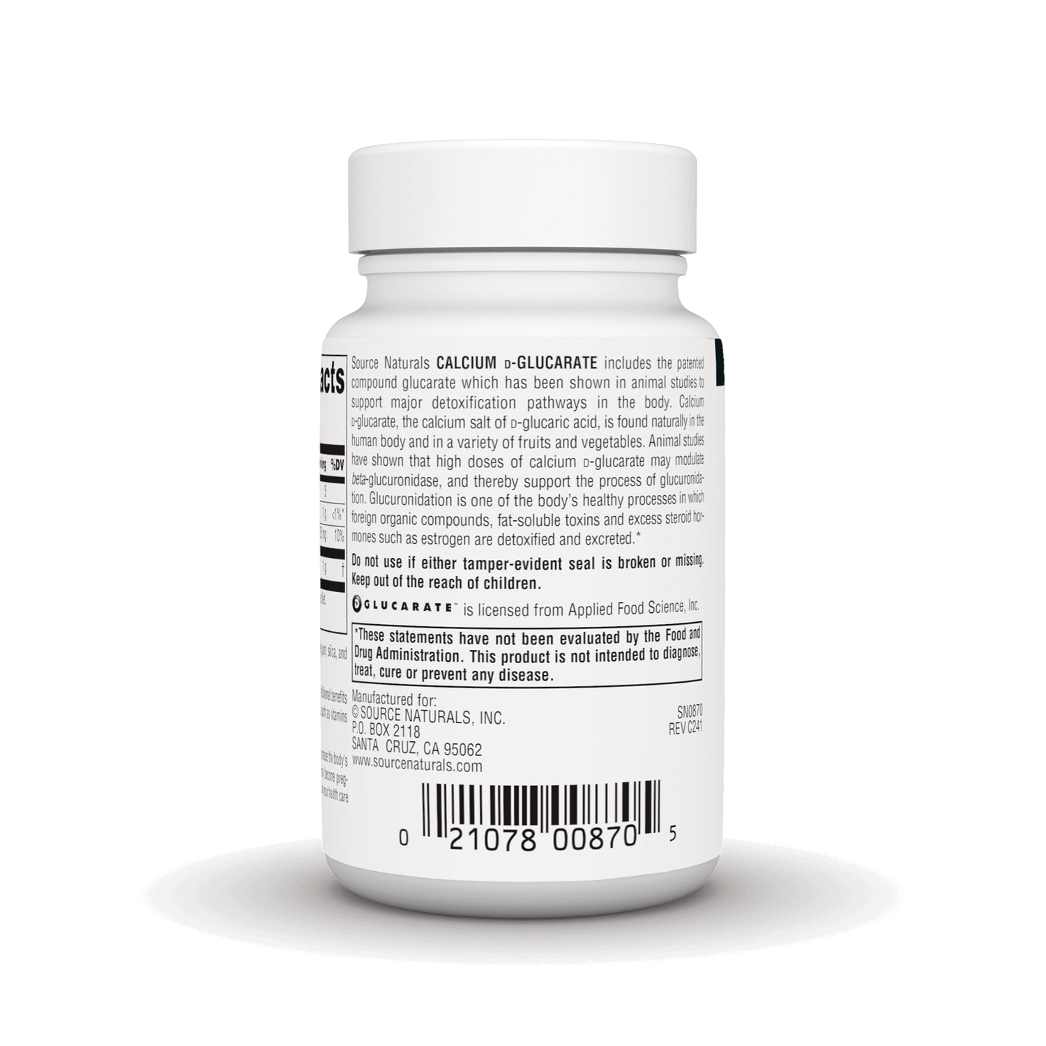 SN332 | Back label of Source Naturals Calcium D-Glucarate supplement bottle with directions and ingredients text