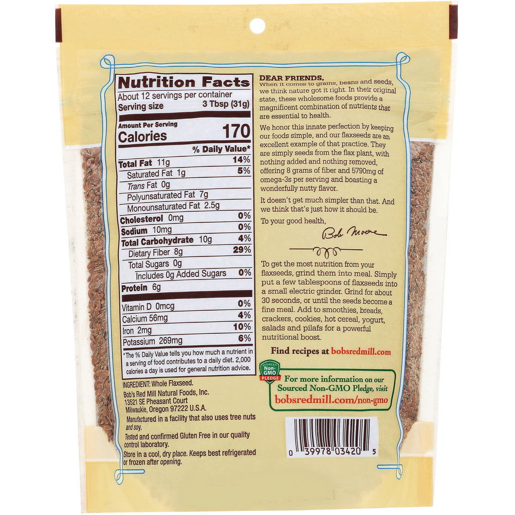 BOB268 | Back of flaxseed bag showing Nutrition Facts panel, ingredient and usage text, and barcode - Thumbnail