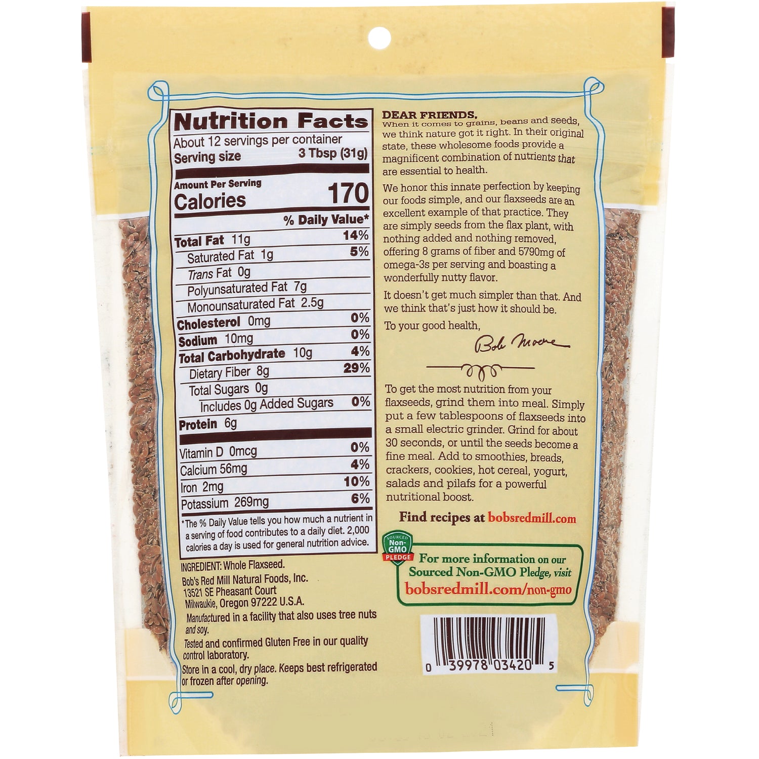 BOB268 | Back of flaxseed bag showing Nutrition Facts panel, ingredient and usage text, and barcode