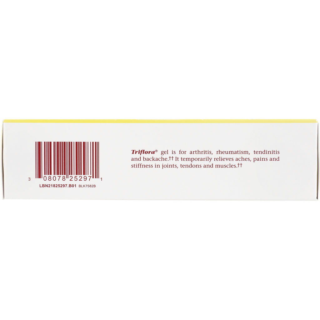 BRK003 | back of white product box showing barcode and red text Triflora gel for arthritis, rheumatism, tendinitis and backache - Thumbnail