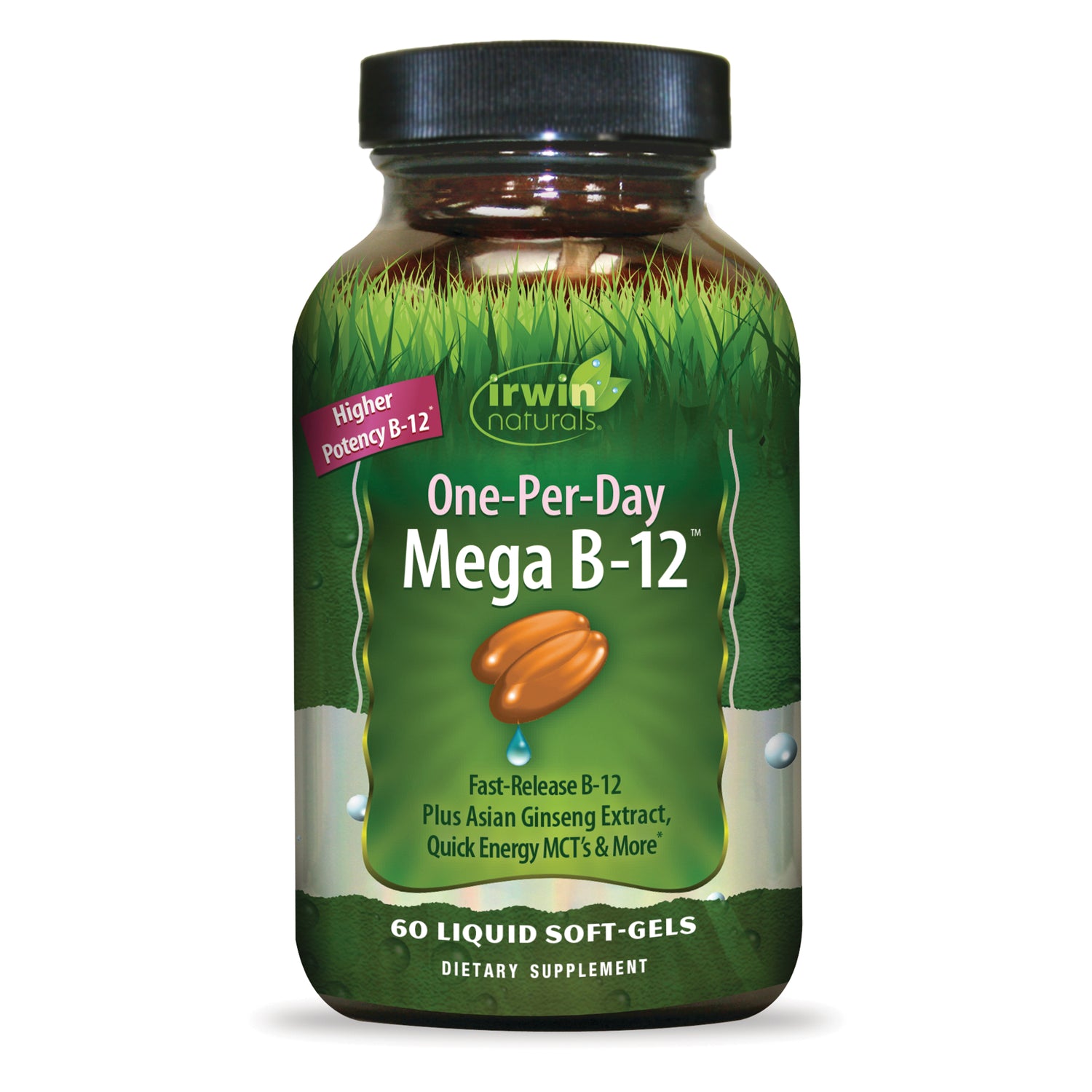 IR286 | Irwin Naturals One-Per-Day Mega B-12 60 liquid soft-gels bottle with green label and two orange softgels