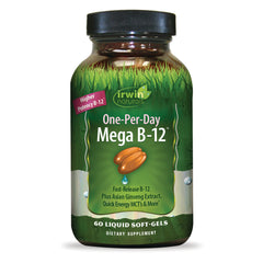 IR286 | Irwin Naturals One-Per-Day Mega B-12 60 liquid soft-gels bottle with green label and two orange softgels