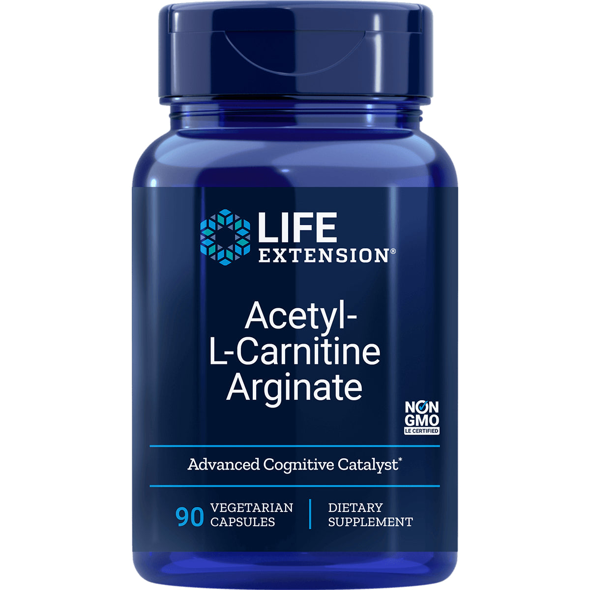 LE550 | Blue Life Extension bottle labeled Acetyl-L-Carnitine Arginate, 90 vegetarian capsules dietary supplement