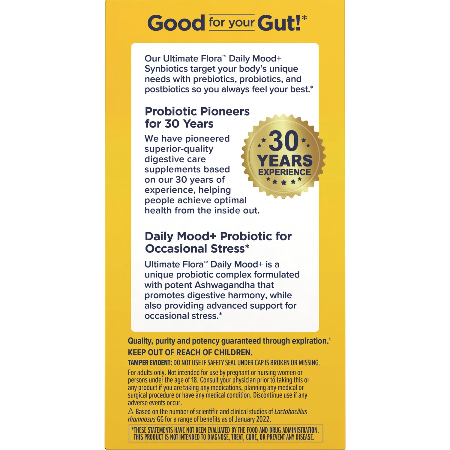 RNL255 | back of probiotic box with Good for your Gut headline, 30 Years Experience seal, product description and warnings