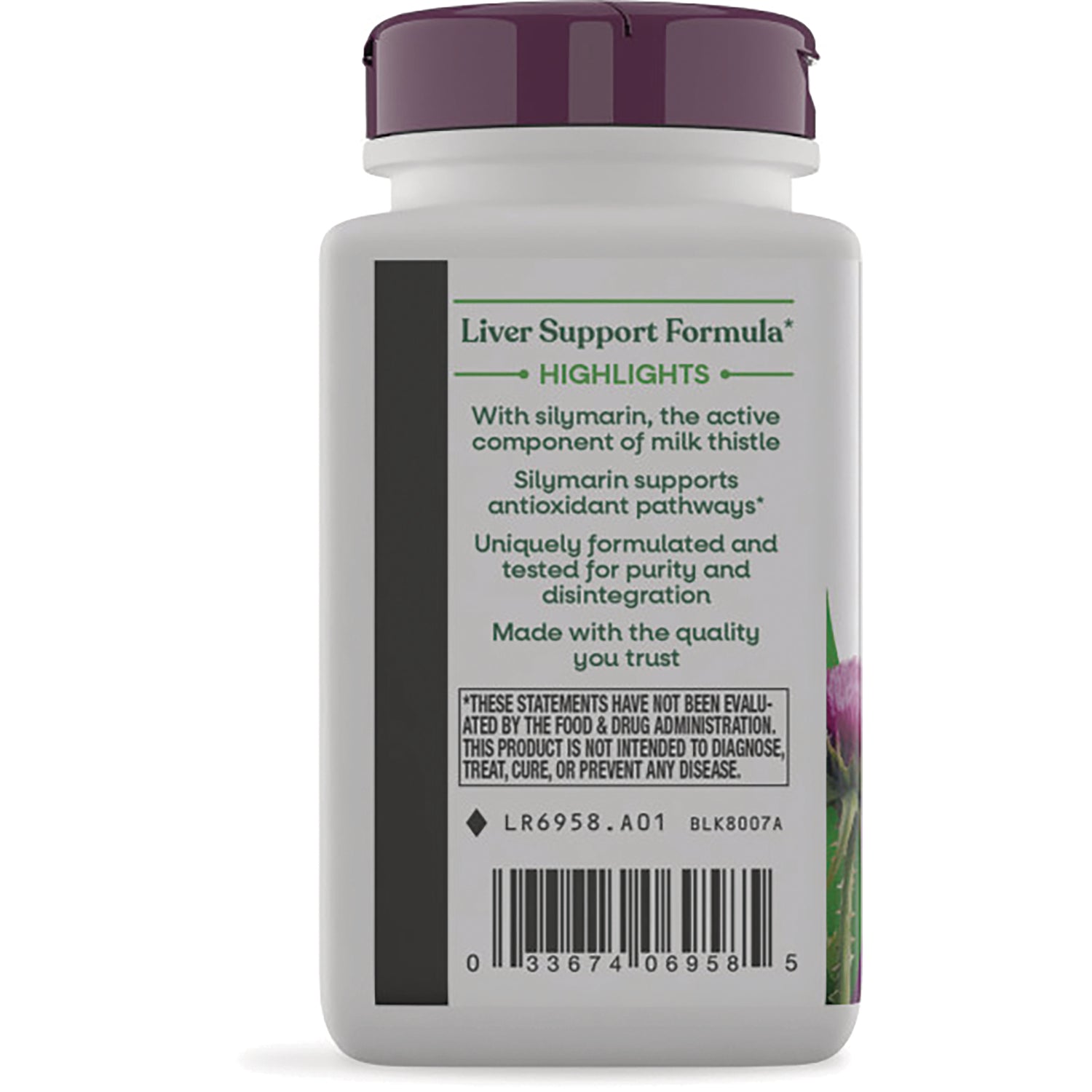 NW022 | Back label of liver support bottle showing highlights about silymarin and a barcode