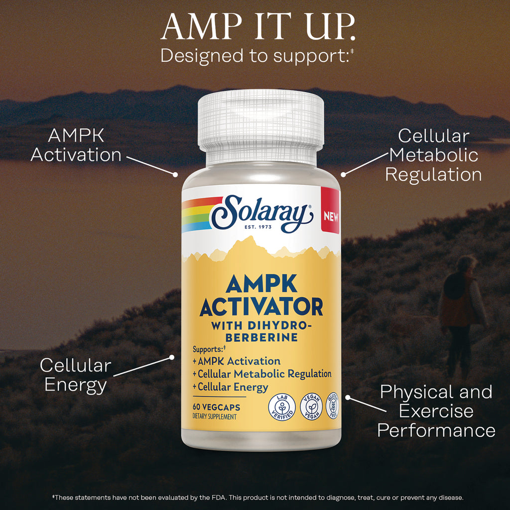 SLR536 | Solaray AMPK Activator bottle labeled with benefits: AMPK activation, cellular metabolic regulation, cellular energy, exercise performance - Thumbnail
