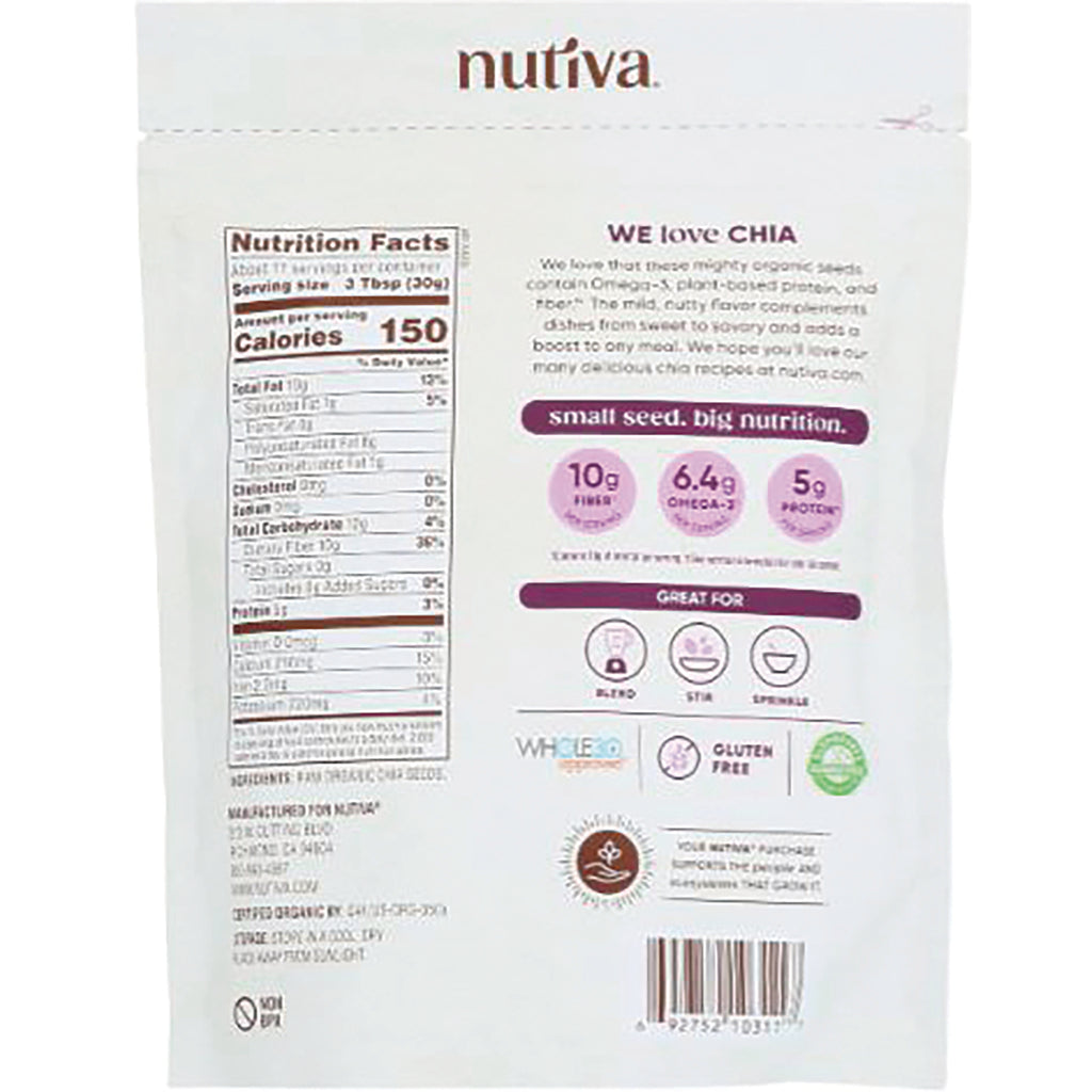 NTV031 | back of Nutiva chia pouch showing nutrition facts, serving size, and product claims - Thumbnail