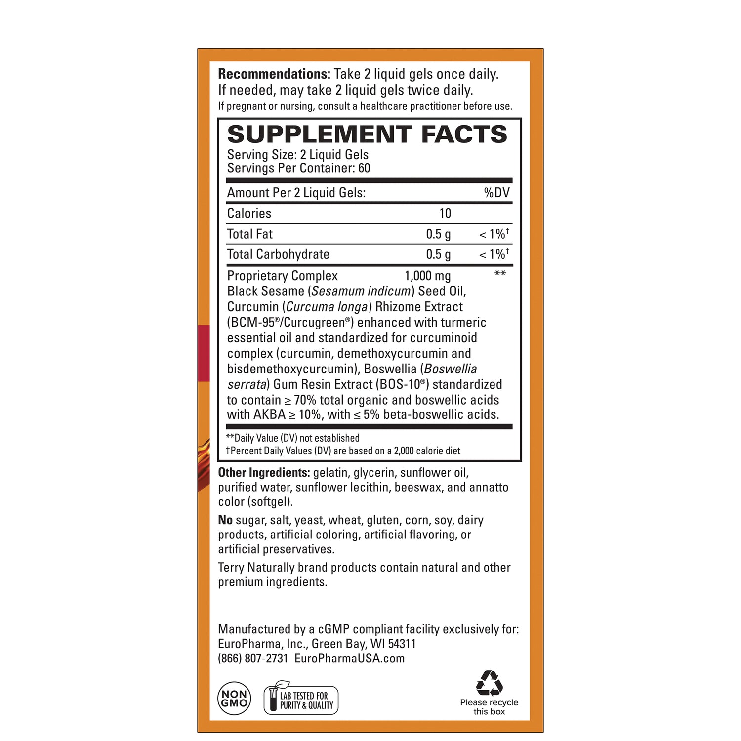 EUR071 | back label showing supplement facts, serving size, ingredients, and manufacturer information