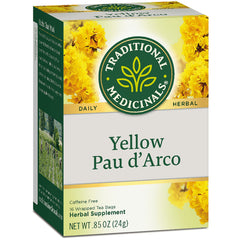 TMD029 | Traditional Medicinals Yellow Pau dArco herbal tea box, caffeine free, 16 wrapped tea bags, net wt .85 oz (24g)