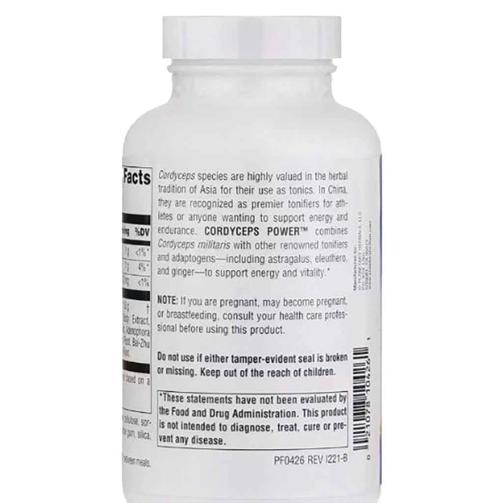 PF154 | back label of white supplement bottle showing facts, warnings and barcode, labeled CORDYCEPS POWER - Thumbnail