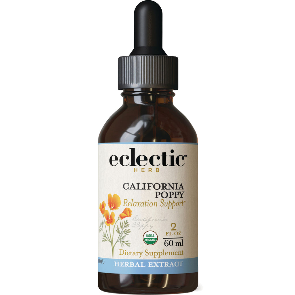 EC023 | amber dropper bottle labeled eclectic herb California Poppy relaxation support 2 fl oz 60 ml dietary supplement - Thumbnail