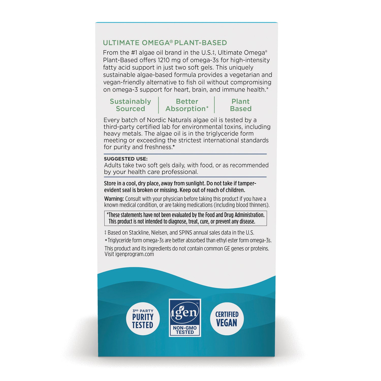 NRN139 | Back panel of supplement box showing suggested use, warnings, and badges labeled PURITY TESTED, NON-GMO TESTED, CERTIFIED VEGAN