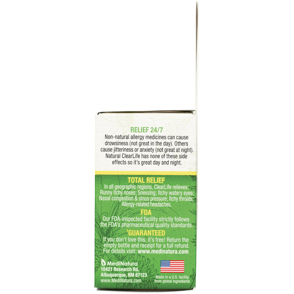 MNA054 | back panel infographic showing Relief 24/7, total relief benefits, FDA statement, guarantee, MediNatura logo and US flag - Thumbnail