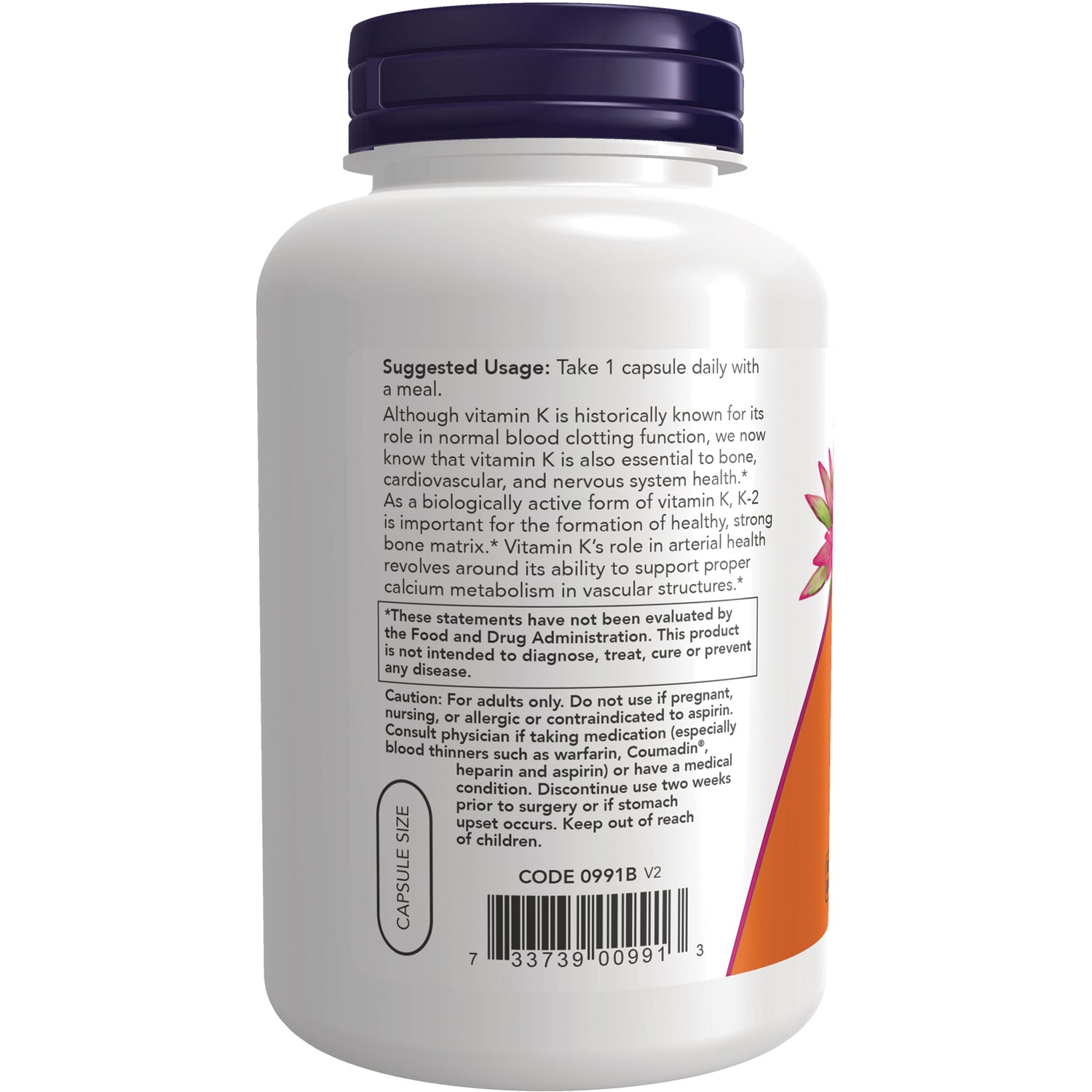 NWF1368 | Back of white supplement bottle showing Suggested Usage: Take 1 capsule daily, caution text, barcode, and capsule size graphic