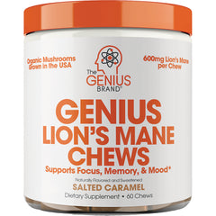 GBR003 | Front of white jar labeled GENIUS LION'S MANE CHEWS salted caramel, supports focus, memory & mood, 60 chews