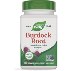 NW118 | Nature's Way Burdock Root white bottle with green cap, 100 vegan capsules label showing 860 mg per 2-capsule serving and Non-GMO Verified