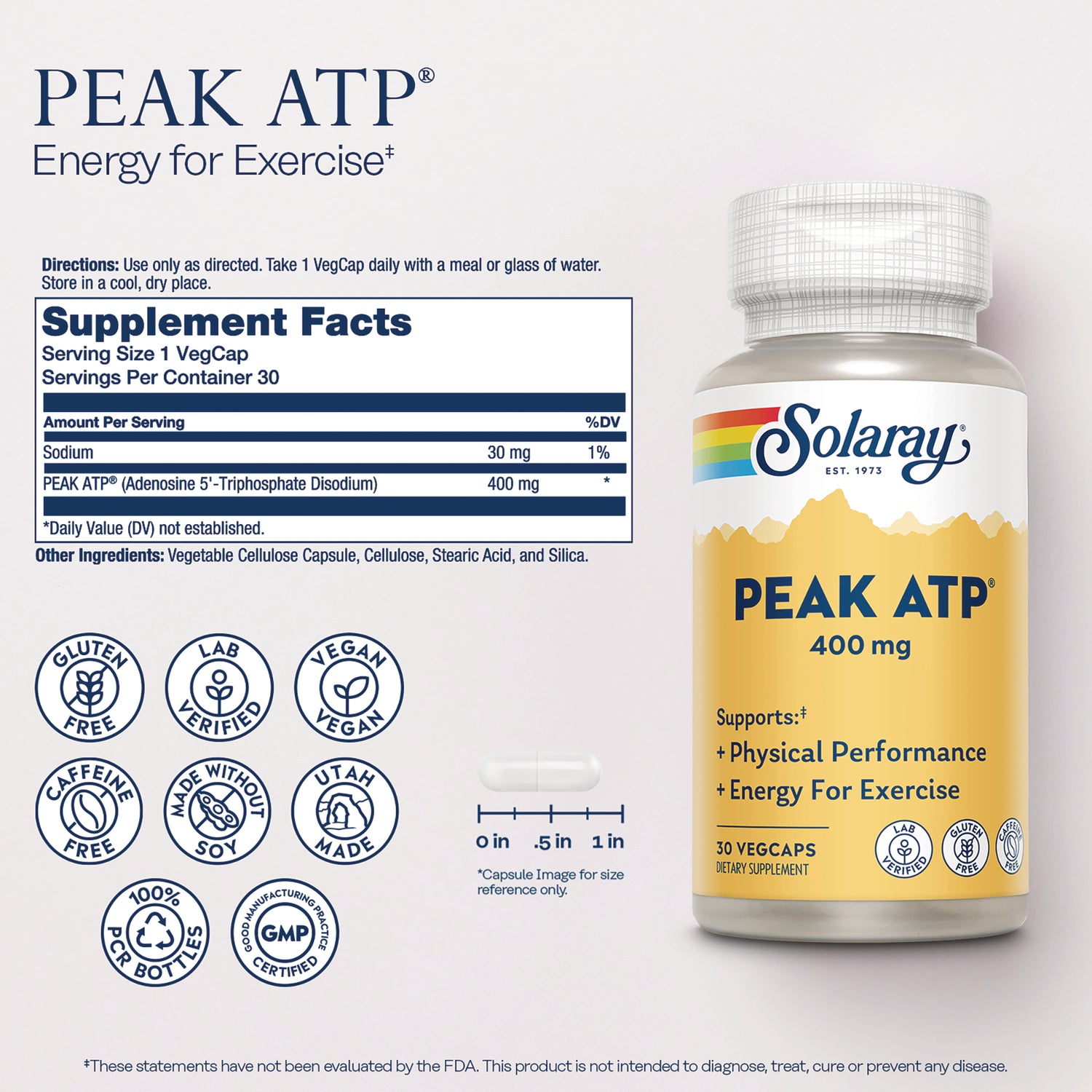 SLR533 | Back label showing Supplement Facts panel, ingredient list, certification icons, capsule size graphic and partial Solaray PEAK ATP 400 mg bottle