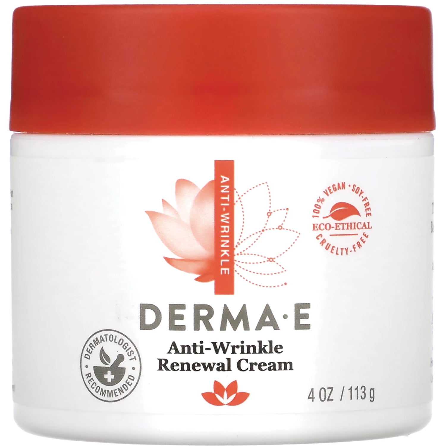 DE005 | White jar with red lid labeled DERMAE Anti-Wrinkle Renewal Cream 4 OZ / 113 g