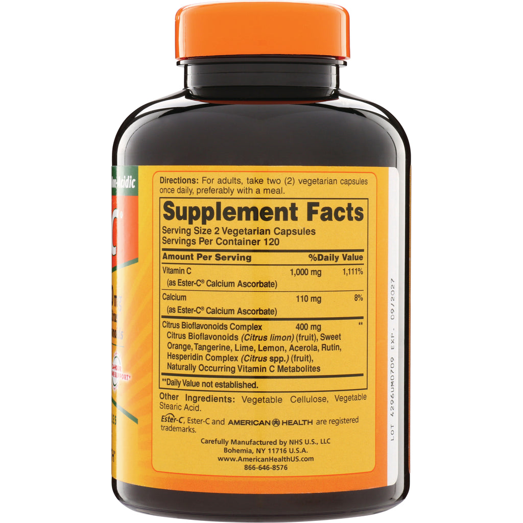 AM120 | Supplement Facts label on bottle showing Serving Size 2 capsules, Vitamin C 1,000 mg and Calcium 110 mg - Thumbnail
