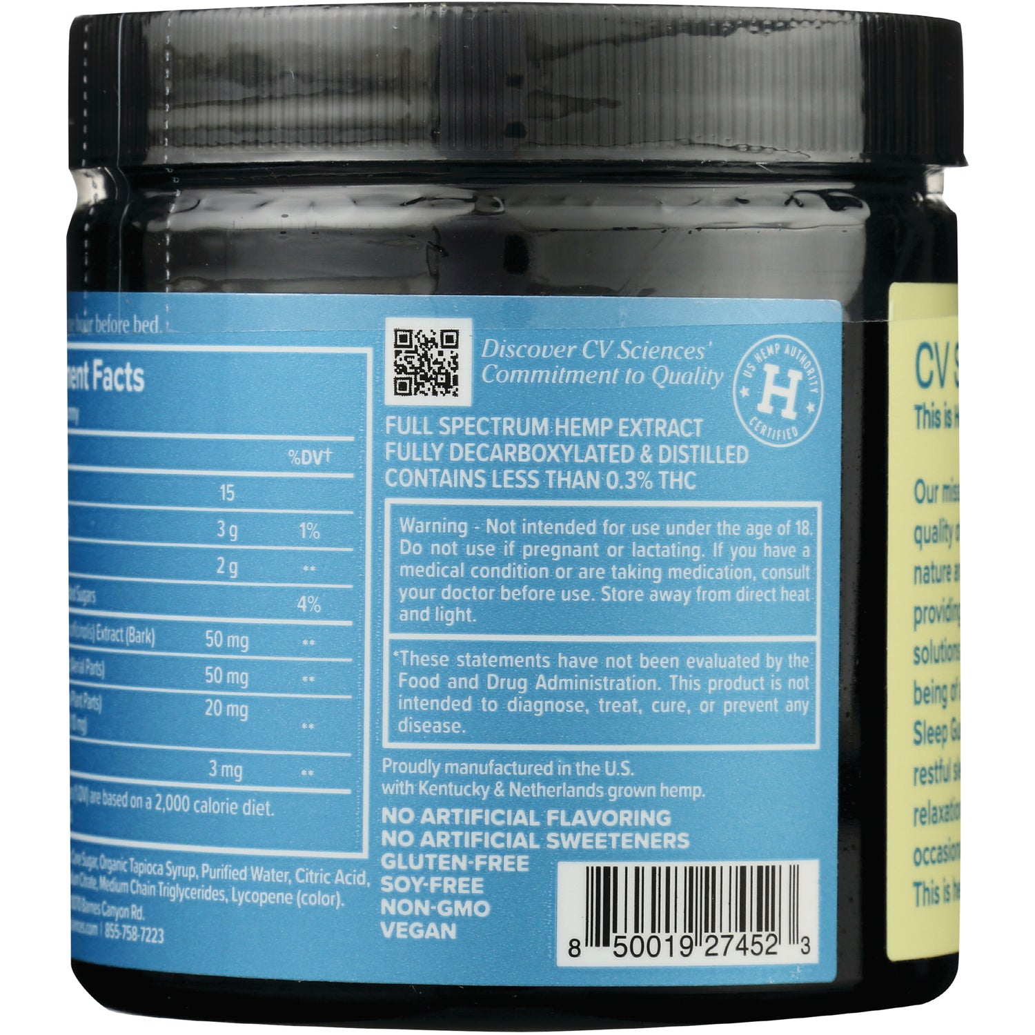 CV033 | back label of black jar showing full spectrum hemp extract claims, supplement facts, warning box and barcode