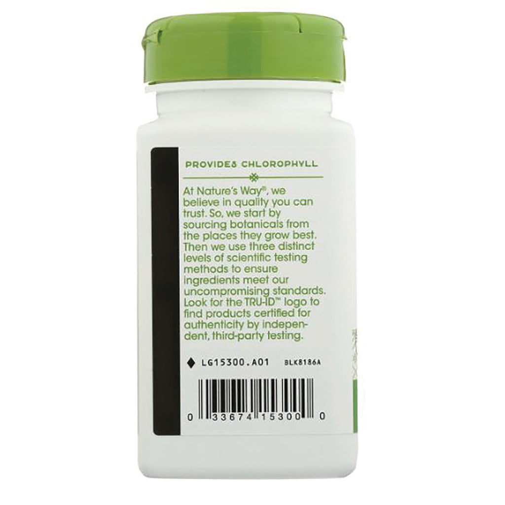 NW158 | back label of white supplement bottle with green cap showing chlorophyll information and barcode - Thumbnail