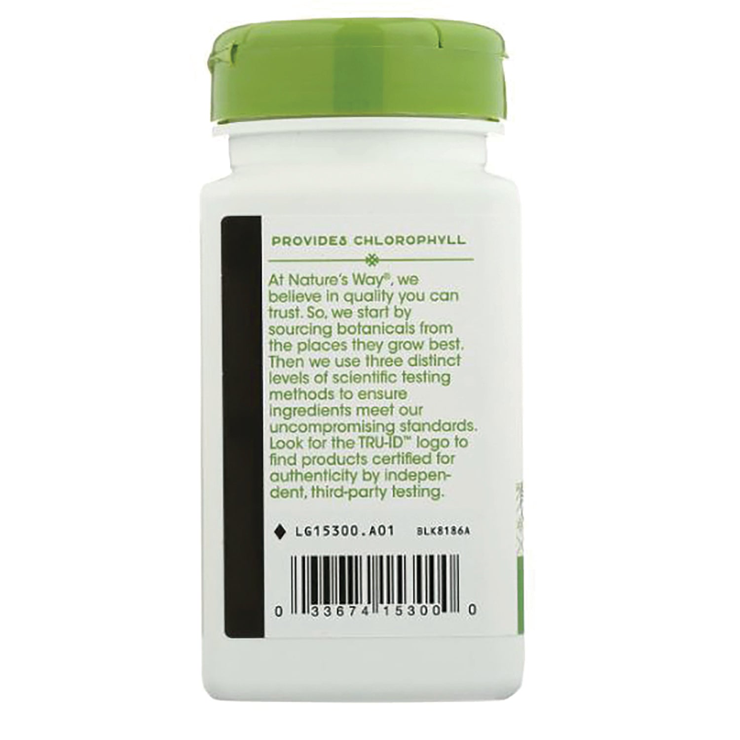 NW158 | back label of white supplement bottle with green cap showing chlorophyll information and barcode