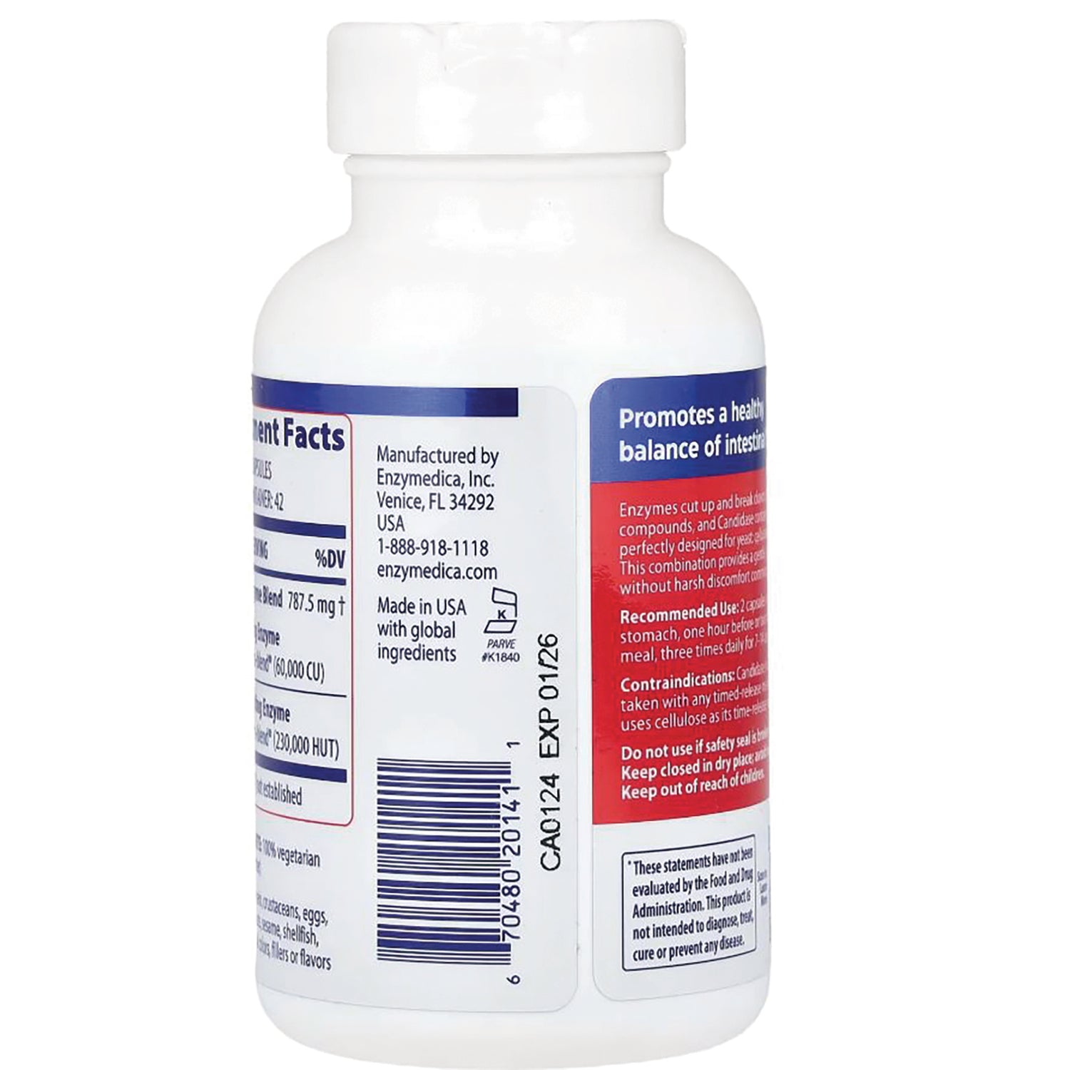 EMD005 | back label of white supplement bottle showing supplement facts, barcode, manufacturer and expiration code