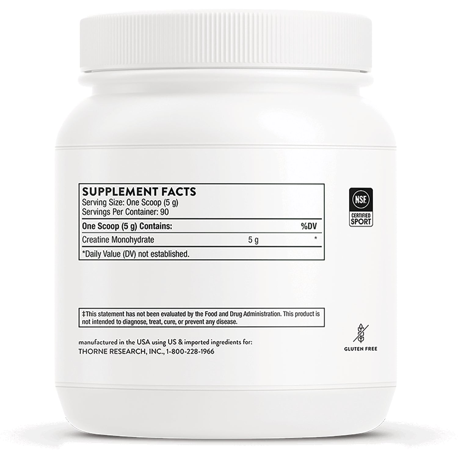 TRN001 | Back label with Supplement Facts: creatine monohydrate 5 g per scoop, 90 servings, NSF Certified Sport