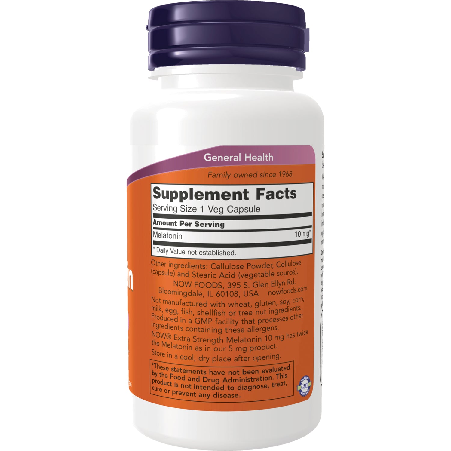 NWF1340 | Back of white supplement bottle showing Supplement Facts panel listing Melatonin 10 mg and ingredients