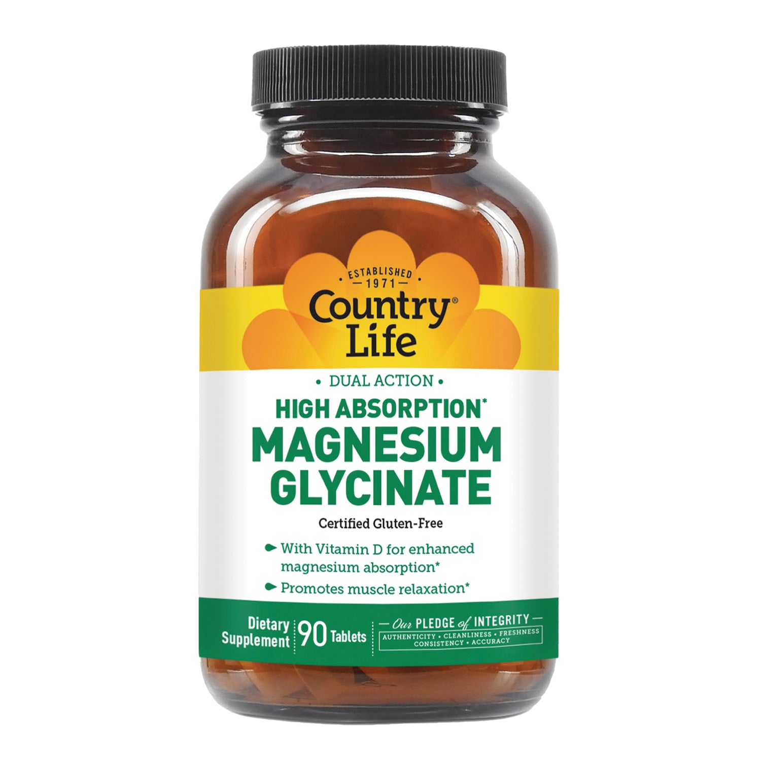 CRL648 | Front label of amber Country Life bottle reading HIGH ABSORPTION MAGNESIUM GLYCINATE, Certified Gluten-Free, 90 tablets