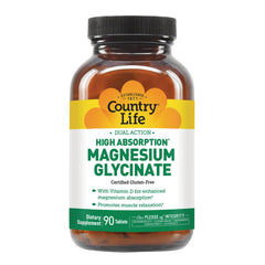 CRL648 | Front label of amber Country Life bottle reading HIGH ABSORPTION MAGNESIUM GLYCINATE, Certified Gluten-Free, 90 tablets