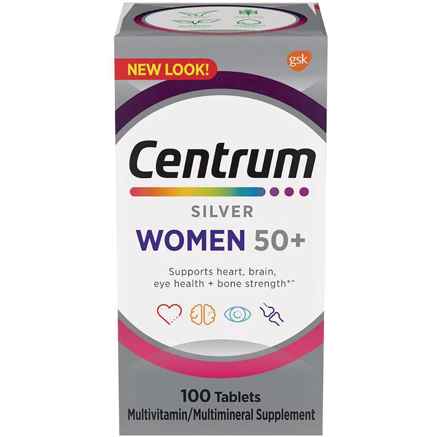CEN022 | Centrum Silver Women 50+ multivitamin 100 tablets front packaging, labeled supports heart, brain, eye health + bone strength