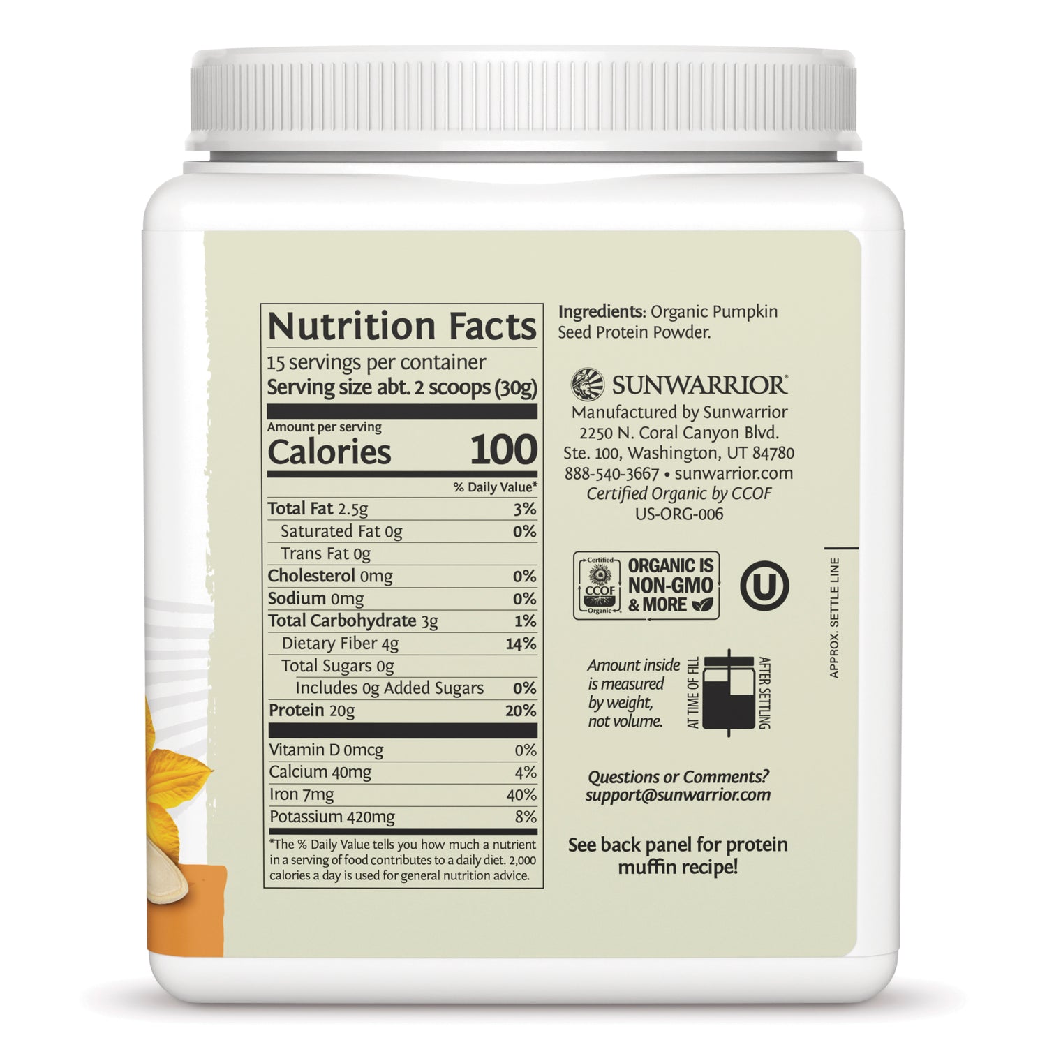 SNW069 | Back label with Nutrition Facts, ingredients, and Sunwarrior organic certification details