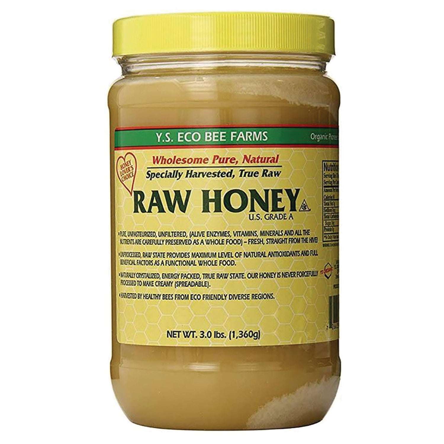 YS052 | Y.S. Eco Bee Farms Raw Honey jar, U.S. Grade A, 3.0 lbs front label
