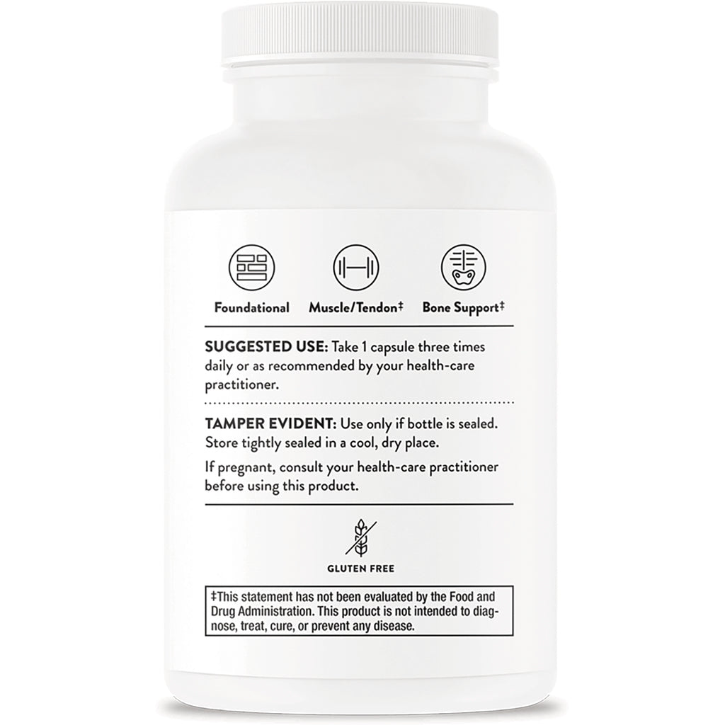 TRN018 | Back label of white supplement bottle with Suggested Use, Tamper Evident, Gluten Free, and benefits icons - Thumbnail