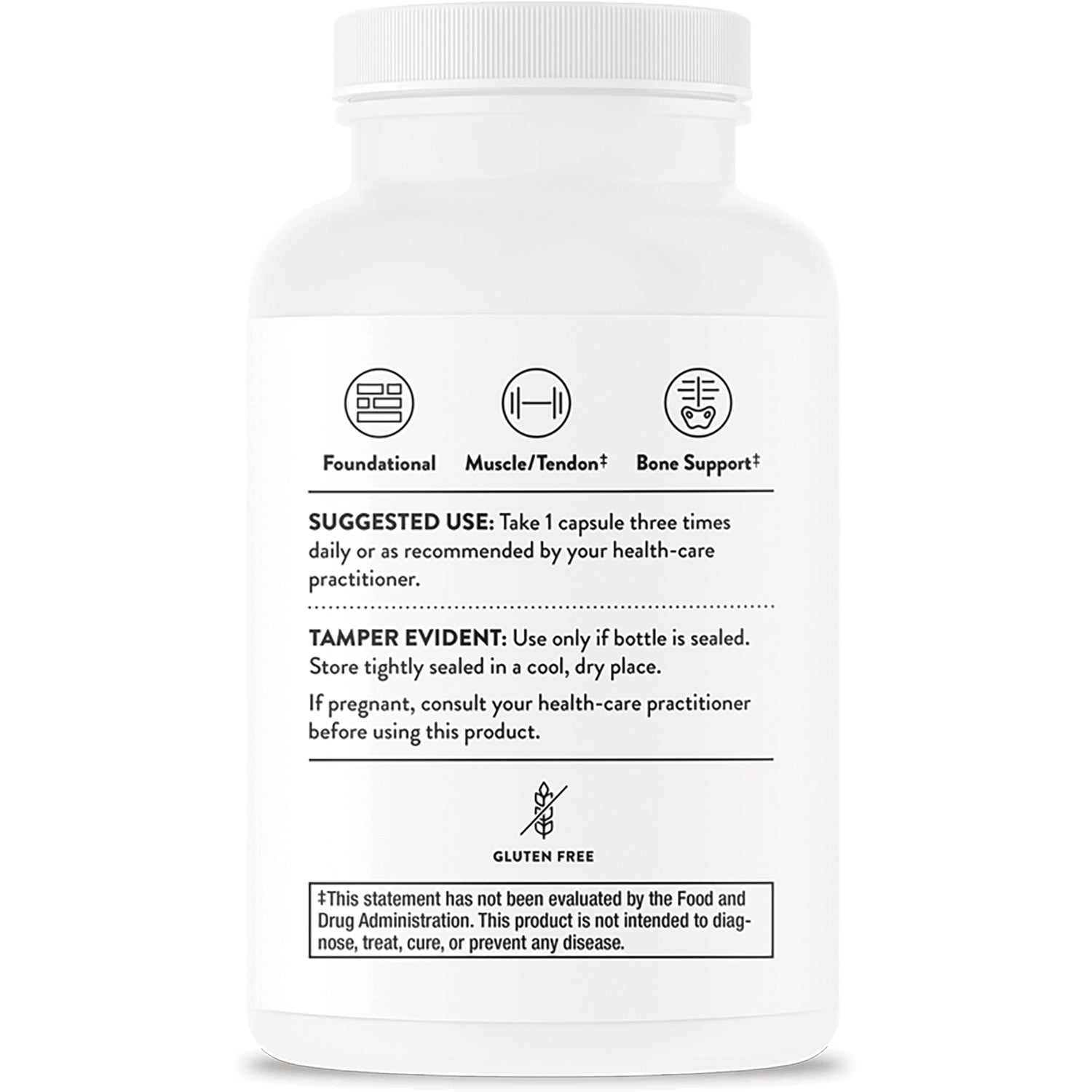 TRN018 | Back label of white supplement bottle with Suggested Use, Tamper Evident, Gluten Free, and benefits icons