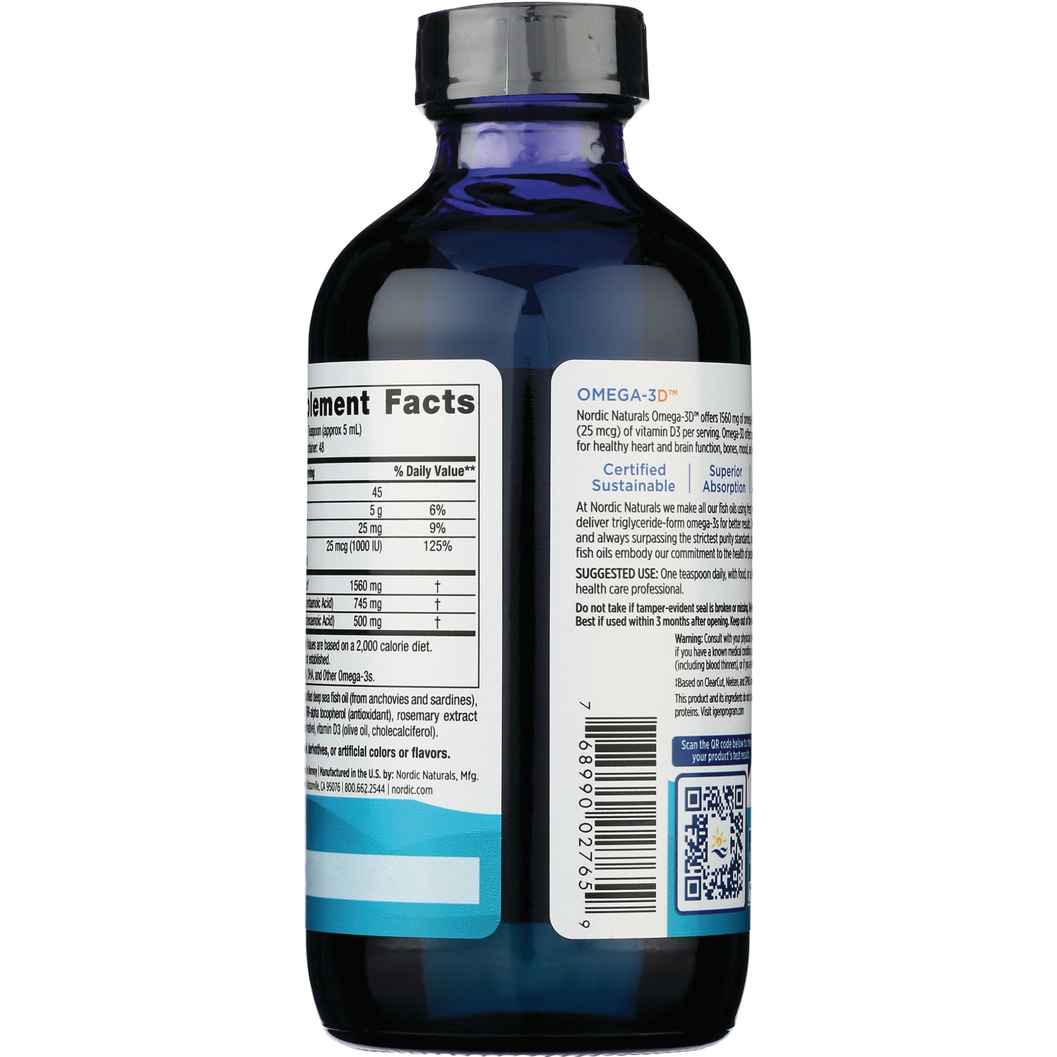 NRN030 | back of dark blue supplement bottle showing nutrition facts panel, barcode, and QR code